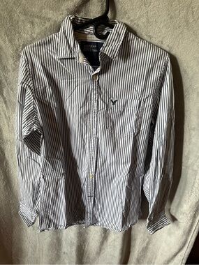 American Eagle Outfitters Men’s White Shirt with Blue Pinstripes